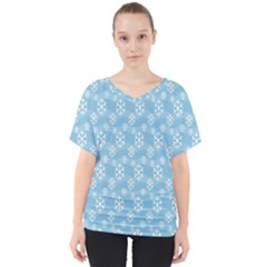 Snowflakes, White Blue V-neck Dolman Drape Top