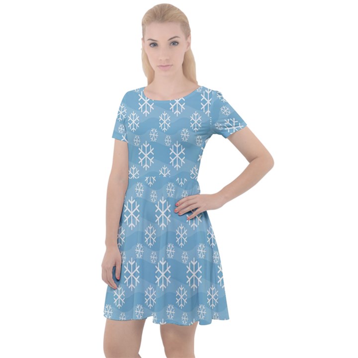 Snowflakes, White Blue Cap Sleeve Velour Dress 