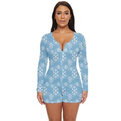 Snowflakes, White Blue Long Sleeve Boyleg Swimsuit