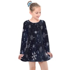 Snowflakes,white,black Kids  Long Sleeve Dress by nateshop