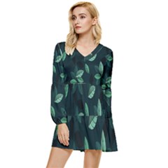 Leaves Tiered Long Sleeve Mini Dress