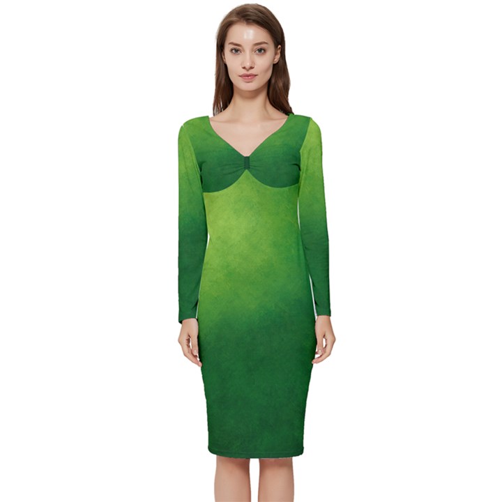 Light Green Abstract Long Sleeve V-Neck Bodycon Dress 