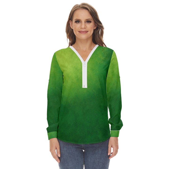 Light Green Abstract Zip Up Long Sleeve Blouse