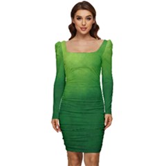 Light Green Abstract Women Long Sleeve Ruched Stretch Jersey Dress