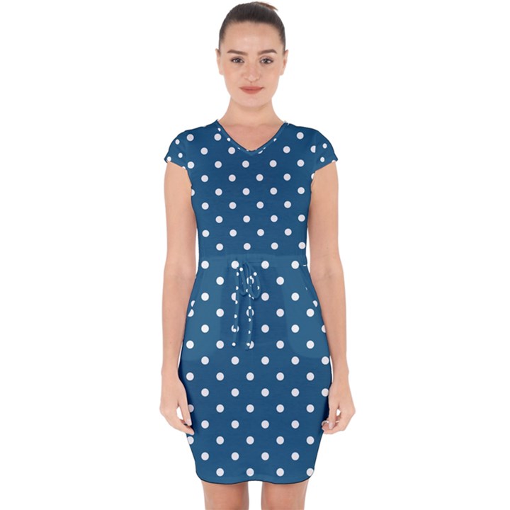 Polka-dots Capsleeve Drawstring Dress 