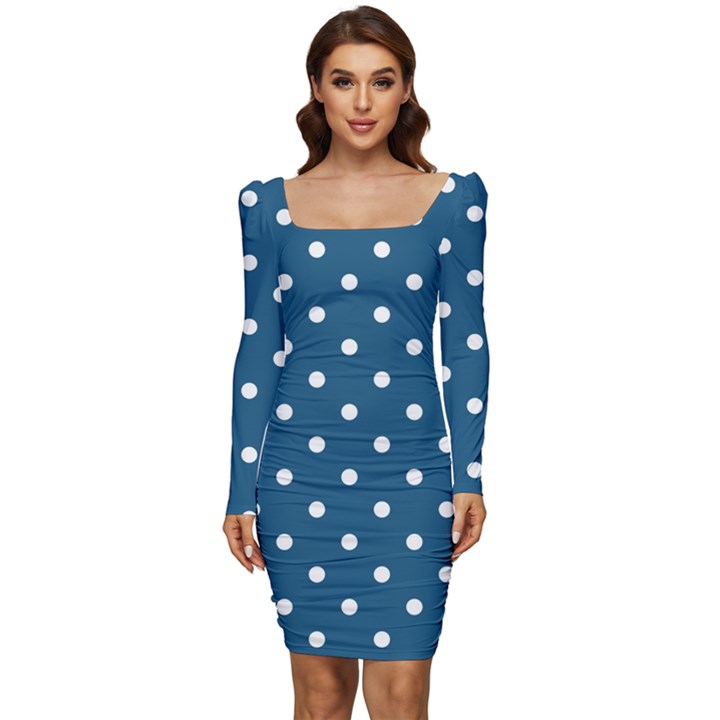 Polka-dots Women Long Sleeve Ruched Stretch Jersey Dress