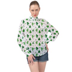 Christmas-trees High Neck Long Sleeve Chiffon Top by nateshop