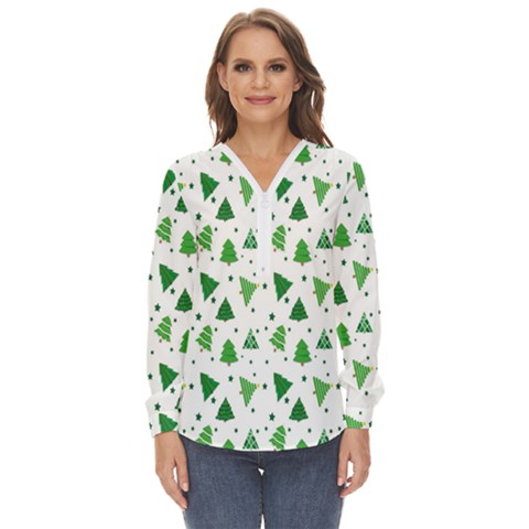 Christmas-trees Zip Up Long Sleeve Blouse by nateshop