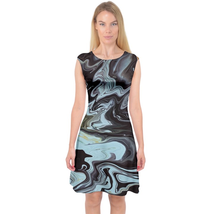 Abstract Painting Black Capsleeve Midi Dress