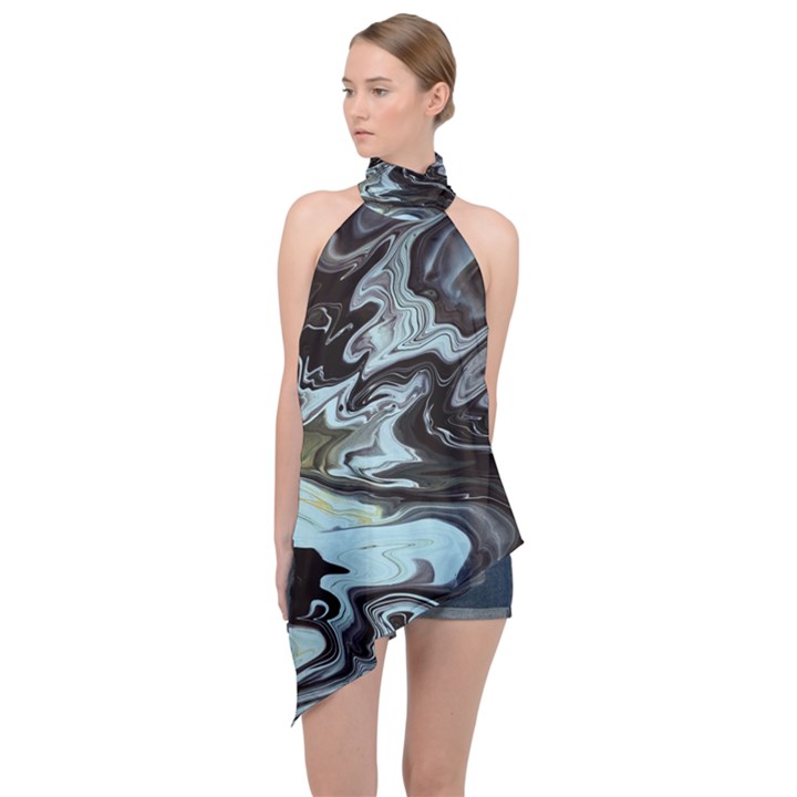 Abstract Painting Black Halter Asymmetric Satin Top