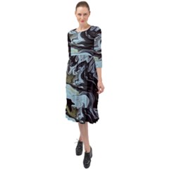 Abstract Painting Black Ruffle End Midi Chiffon Dress by nateshop