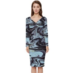 Abstract Painting Black Long Sleeve V-neck Bodycon Dress 