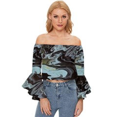 Abstract Painting Black Off Shoulder Flutter Bell Sleeve Top