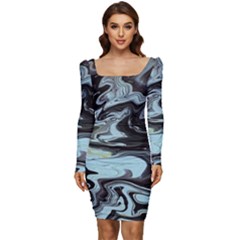 Abstract Painting Black Women Long Sleeve Ruched Stretch Jersey Dress