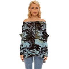 Abstract Painting Black Off Shoulder Chiffon Pocket Shirt