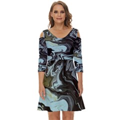 Abstract Painting Black Shoulder Cut Out Zip Up Dress