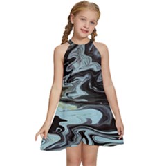 Abstract Painting Black Kids  Halter Collar Waist Tie Chiffon Dress