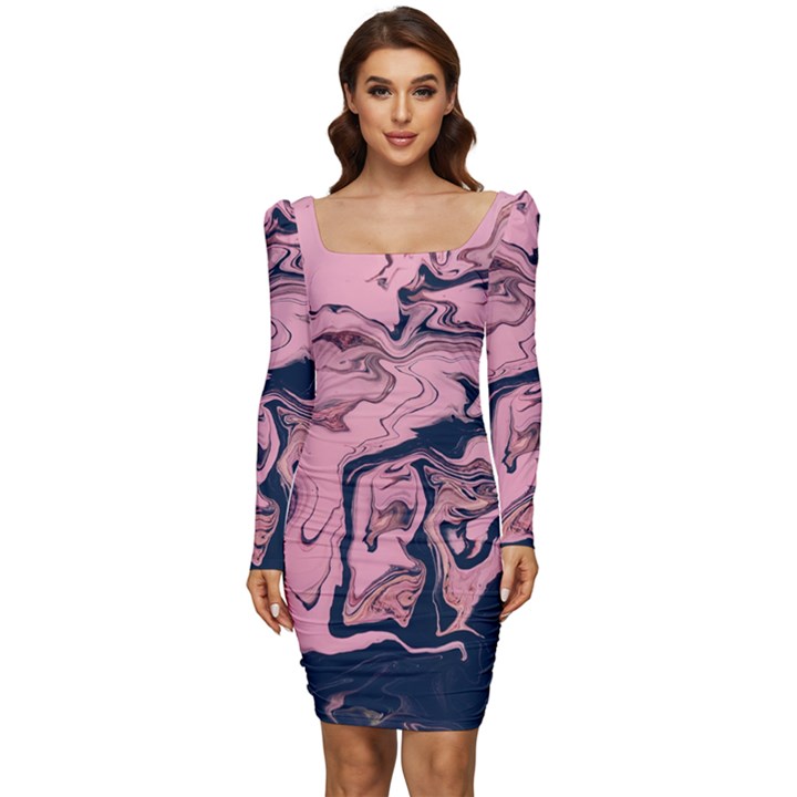 Abstract Painting Pink Women Long Sleeve Ruched Stretch Jersey Dress