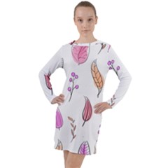 Leaves-pink Long Sleeve Hoodie Dress