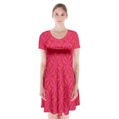 Background Red Motif Short Sleeve V-neck Flare Dress