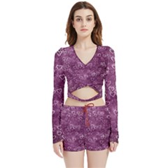 Background Purple Love Velvet Wrap Crop Top And Shorts Set by nateshop