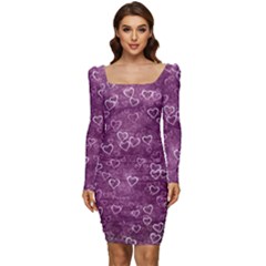 Background Purple Love Women Long Sleeve Ruched Stretch Jersey Dress