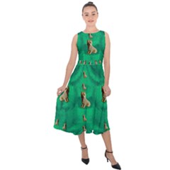 Happy Small Dogs In Calm In The Big Blooming Forest Midi Tie-back Chiffon Dress by pepitasart