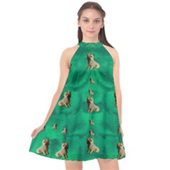 Happy Small Dogs In Calm In The Big Blooming Forest Halter Neckline Chiffon Dress  by pepitasart