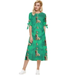 Happy Small Dogs In Calm In The Big Blooming Forest Bow Sleeve Chiffon Midi Dress by pepitasart