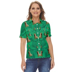 Happy Small Dogs In Calm In The Big Blooming Forest Women s Short Sleeve Double Pocket Shirt