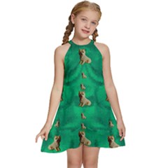 Happy Small Dogs In Calm In The Big Blooming Forest Kids  Halter Collar Waist Tie Chiffon Dress