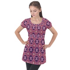 Abstract-background-motif Puff Sleeve Tunic Top