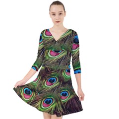 Peacock-feathers-color-plumage Quarter Sleeve Front Wrap Dress by Celenk