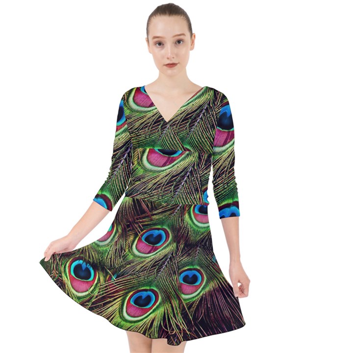 Peacock-feathers-color-plumage Quarter Sleeve Front Wrap Dress