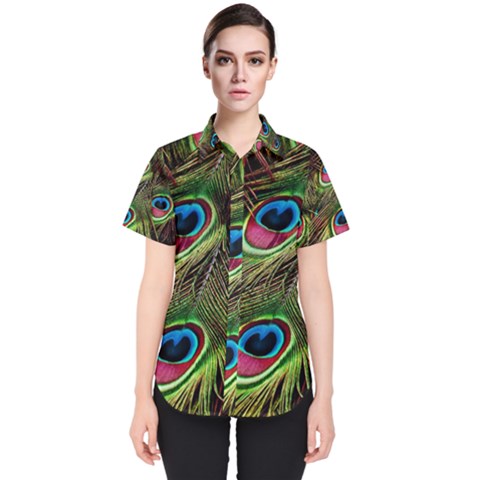 Peacock-feathers-color-plumage Women s Short Sleeve Shirt by Celenk