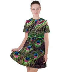 Peacock-feathers-color-plumage Short Sleeve Shoulder Cut Out Dress  by Celenk