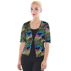 Peacock-feathers-color-plumage Cropped Button Cardigan by Celenk