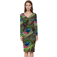 Peacock-feathers-color-plumage Long Sleeve V-neck Bodycon Dress  by Celenk