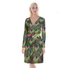 Peacock-feathers-color-plumage Long Sleeve Velvet Front Wrap Dress by Celenk