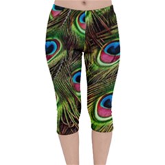 Peacock-feathers-color-plumage Velvet Capri Leggings  by Celenk