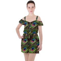 Peacock-feathers-color-plumage Ruffle Cut Out Chiffon Playsuit by Celenk