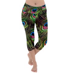 Peacock-feathers-color-plumage Lightweight Velour Capri Yoga Leggings by Celenk