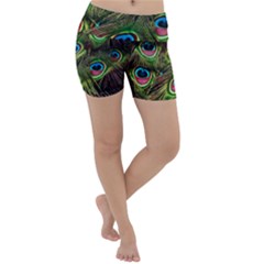 Peacock-feathers-color-plumage Lightweight Velour Yoga Shorts by Celenk