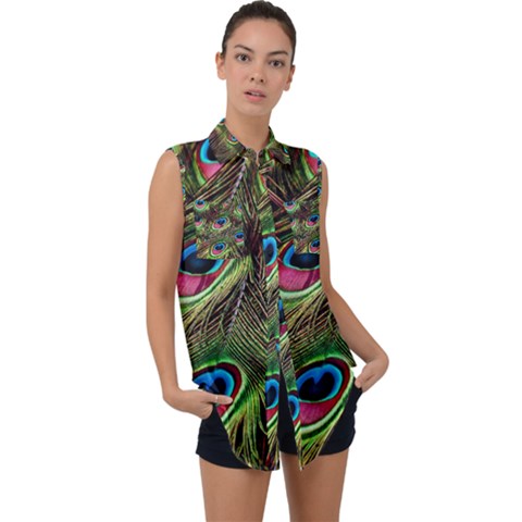 Peacock-feathers-color-plumage Sleeveless Chiffon Button Shirt by Celenk