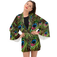 Peacock-feathers-color-plumage Long Sleeve Kimono by Celenk