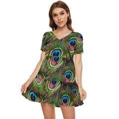 Peacock-feathers-color-plumage Tiered Short Sleeve Babydoll Dress by Celenk