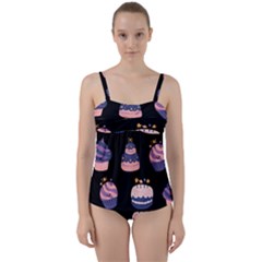 Birthday-cake Twist Front Tankini Set by nateshop