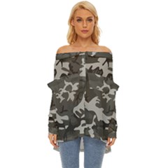 Camouflage Off Shoulder Chiffon Pocket Shirt