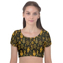 Christmas Gold Velvet Short Sleeve Crop Top  by nateshop