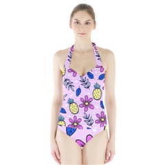 Flowers Purple Halter Swimsuit by nateshop